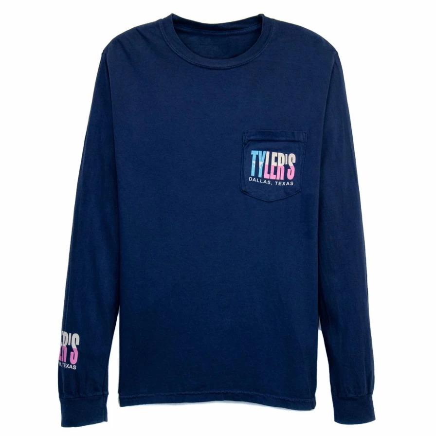 Men's Long Sleeve Comfort Colors Pocket T-Shirt with Texas Flag Print in Navy & Pastel