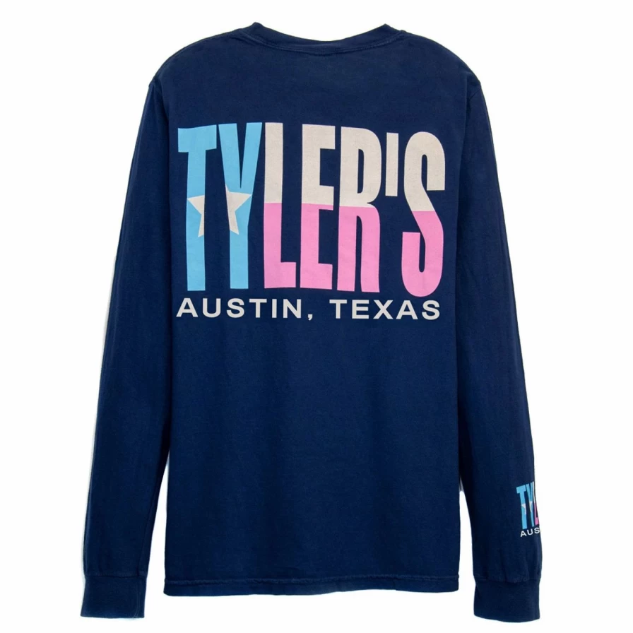 Men's Long Sleeve Comfort Colors Pocket T-Shirt - Navy/Texas Flag Print - Austin Graphic Tee