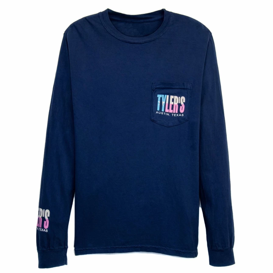 Men's Long Sleeve Comfort Colors Pocket T-Shirt - Navy/Texas Flag Print - Austin Graphic Tee