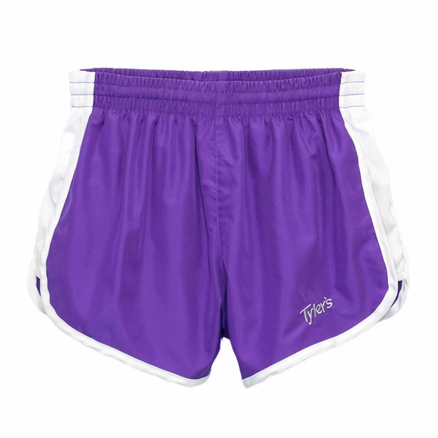 "Girls' Purple and White Racer Shorts - High-Performance Athletic Shorts for Active Kids"