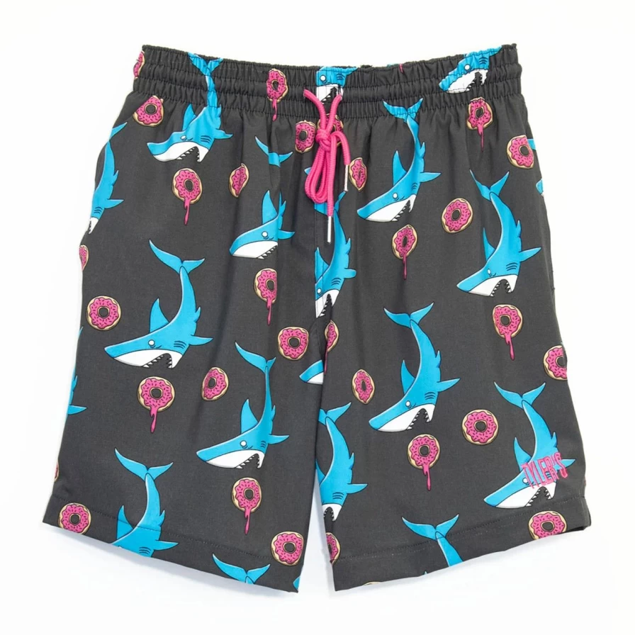 Men's Graphic Print Volleyball Shorts - Charcoal Donuts vs Sharks Design
