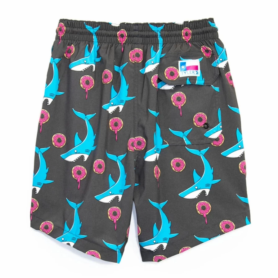 Men's Graphic Print Volleyball Shorts - Charcoal Donuts vs Sharks Design