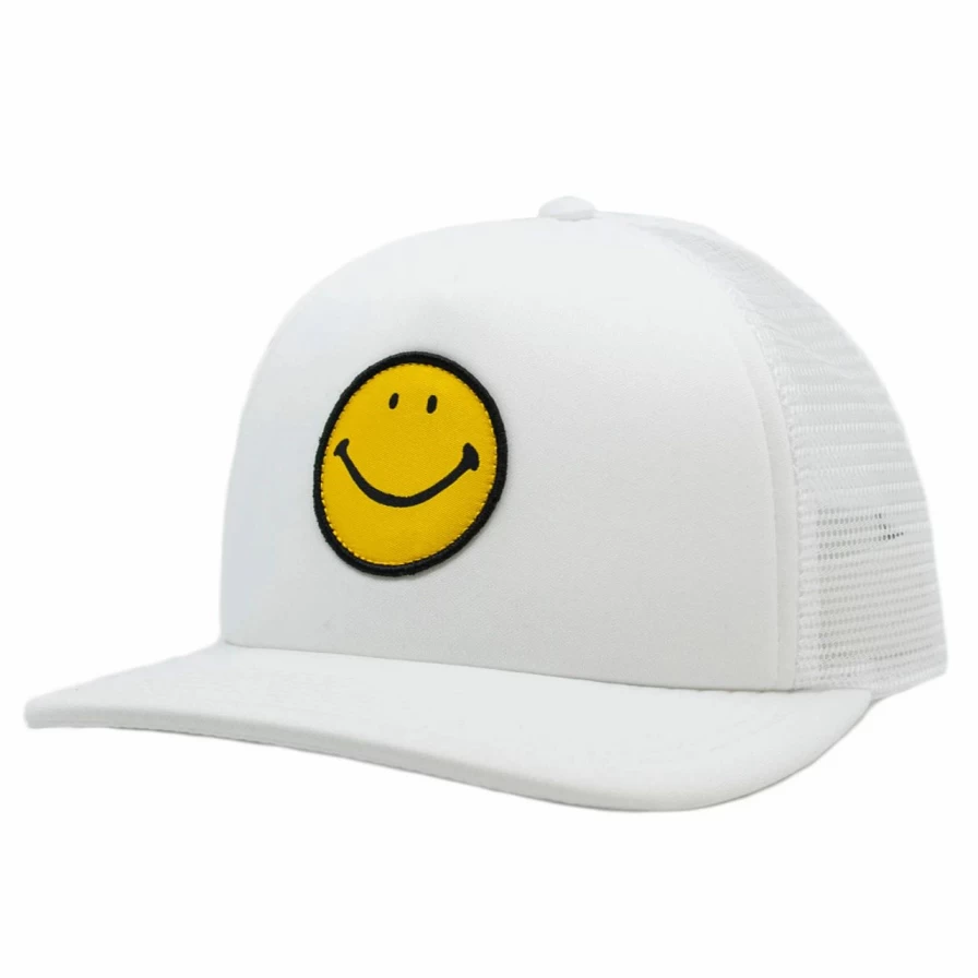 White Smiley Face Embroidered Trucker Hat - Adjustable Snapback Cap for Men & Women