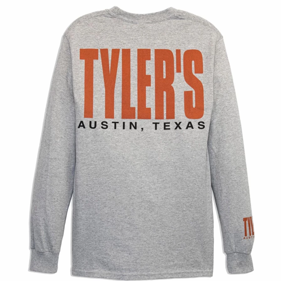 Men's Long Sleeve Graphic T-Shirt Grey & Burnt Orange Casual Crewneck Top Austin Texas Style