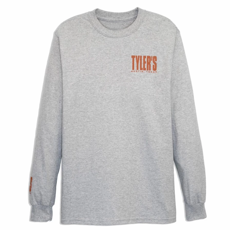 Men's Long Sleeve Graphic T-Shirt Grey & Burnt Orange Casual Crewneck Top Austin Texas Style