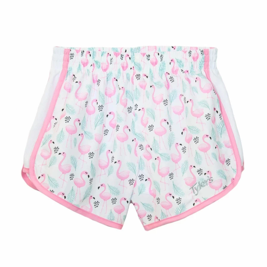 Tyler's Girls' Racer Shorts - Flamingo Print, White & Pink Athletic Shorts for Kids