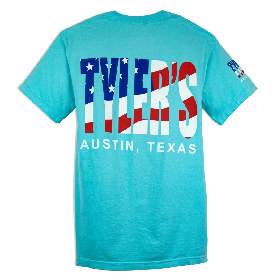 "American Flag Comfort Color Pocket Tee - Vintage Tyler's Lagoon Austin Graphic T-Shirt"