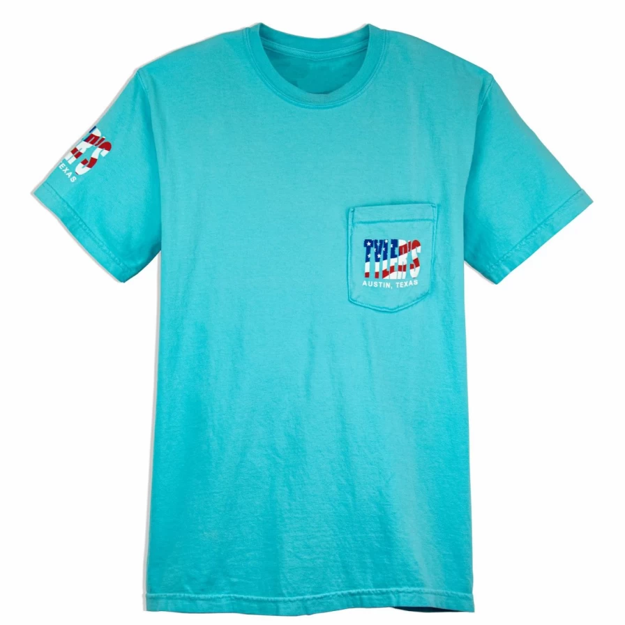 "American Flag Comfort Color Pocket Tee - Vintage Tyler's Lagoon Austin Graphic T-Shirt"