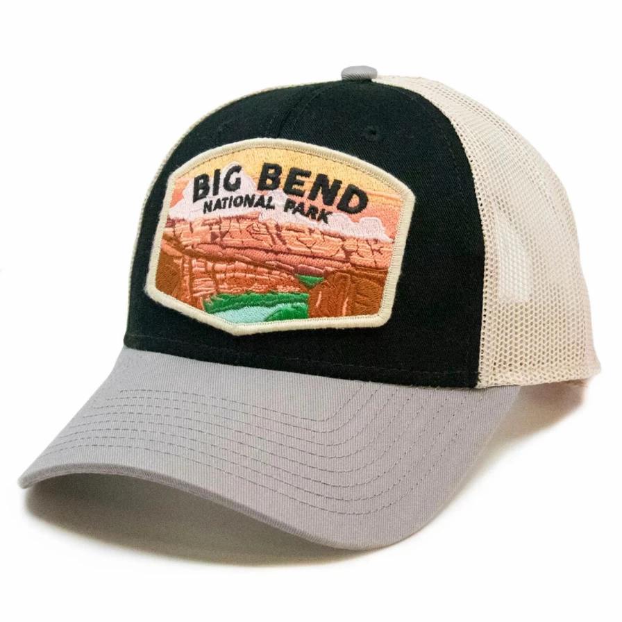 "Black and Ivory Trucker Hat Featuring Big Bend National Park Design"