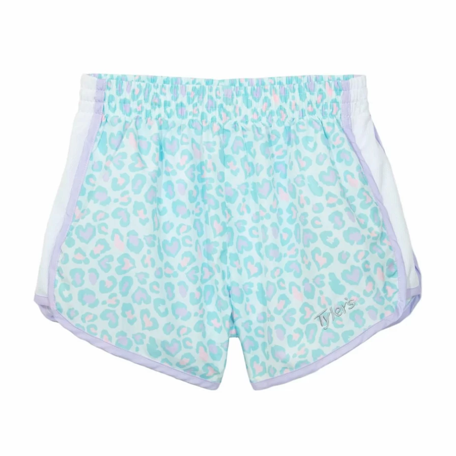 Tyler's Girls' Racer Shorts - Lavender & White Heart Leopard Print Athletic Shorts