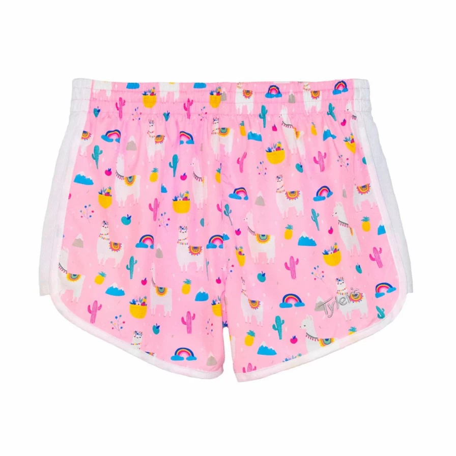 "Girls' Pink Llamas Print Racer Shorts – Fun & Stylish Athletic Wear"