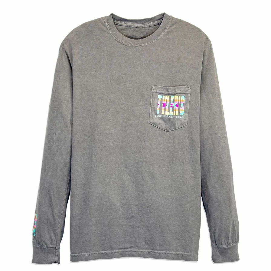 Men's Long Sleeve Aztec Print Pocket T-Shirt - Grey Pastel Tribal Design Comfort Colors Pullover