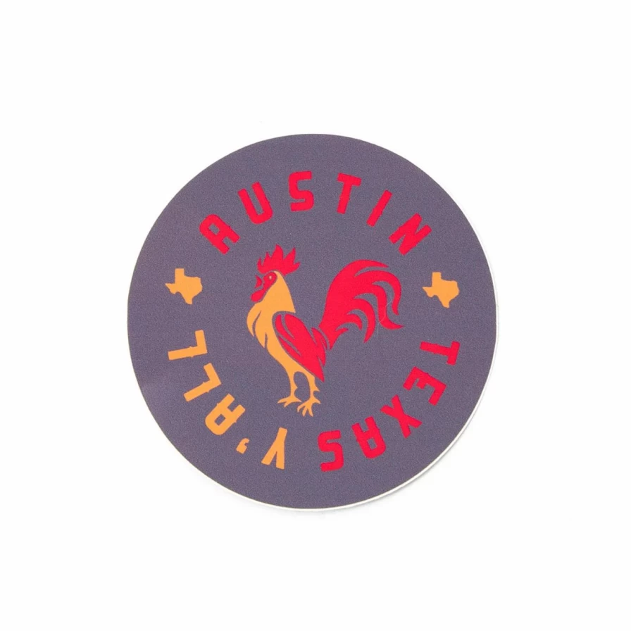 "Vintage Austin Texas Rooster Sticker - Charcoal, Red & Orange Design - Unique TX Pride Decal"