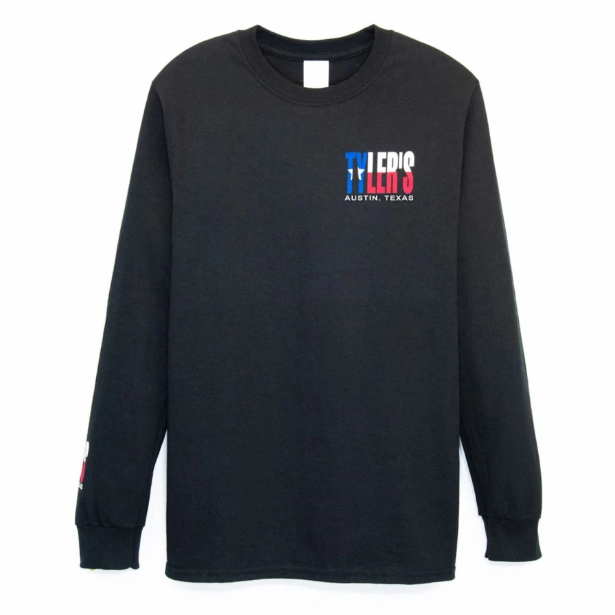 "Tyler's Black & Texas Flag Long Sleeve Tee Austin | Premium Graphic Print Men's Shirt"