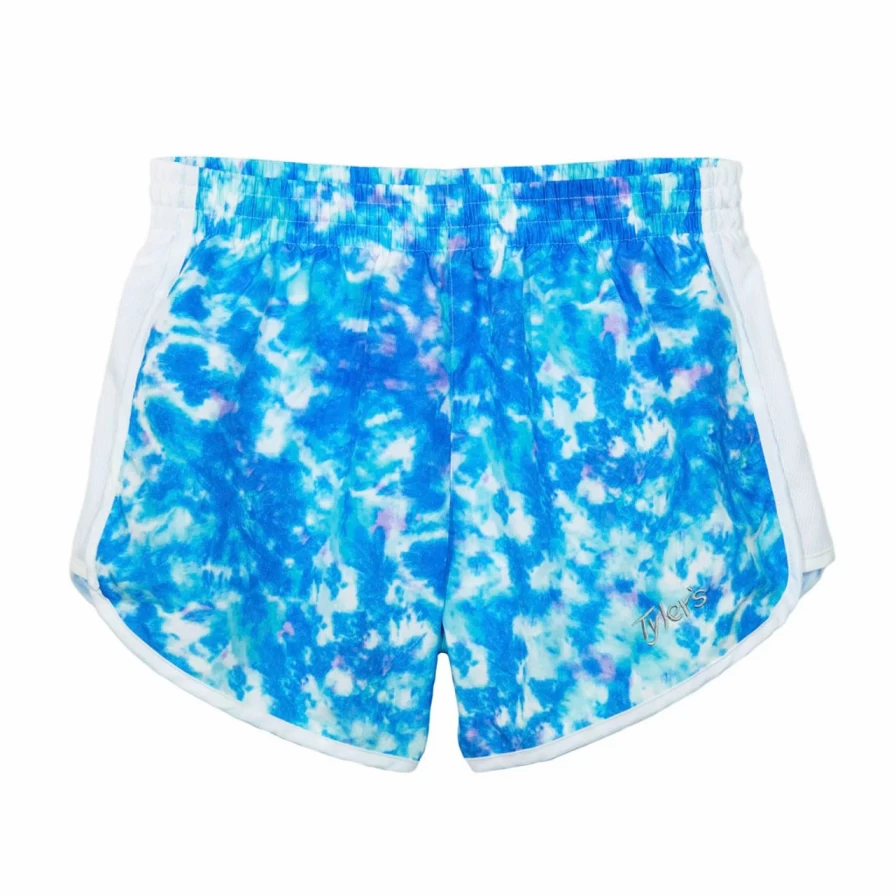 Girls' Racer Shorts - Blue/White Tie Dye Batik Print Athletic Style
