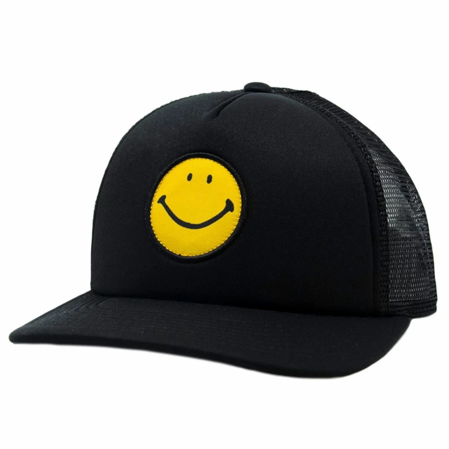 Black Smiley Face Trucker Hat - Adjustable Mesh Back Cap for Men & Women