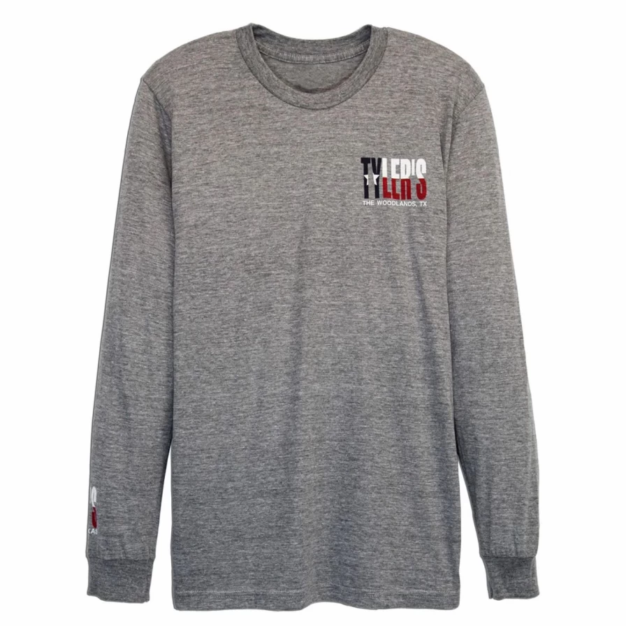 "Men's Long Sleeve Texas Flag Graphic Track Tee - Grey Athletic Shirt with The Woodlands Print"