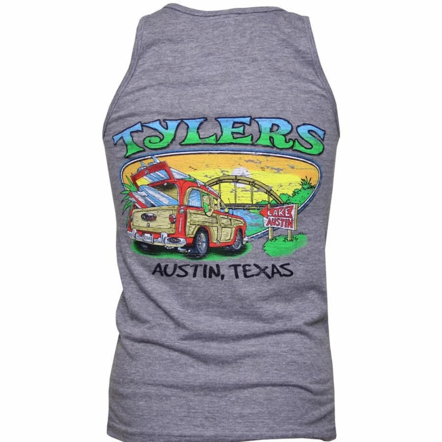Austin Woody Wagon Graphic Tank Top - Heather Grey Relaxed Fit Vintage Style