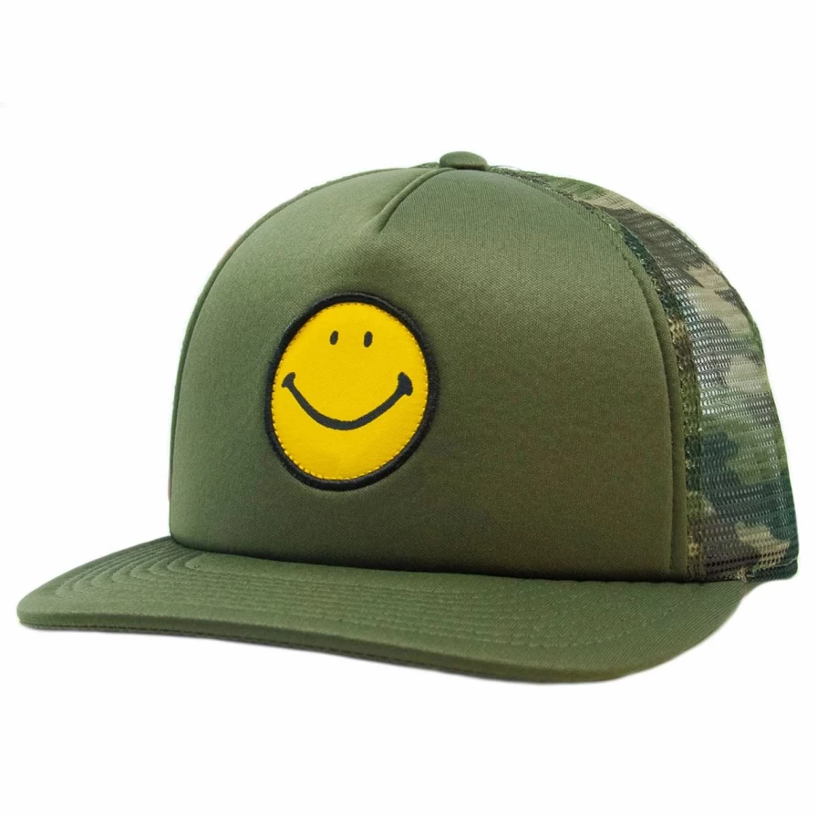 "Olive Camo Smiley Face Trucker Hat - Adjustable Snapback Cap"