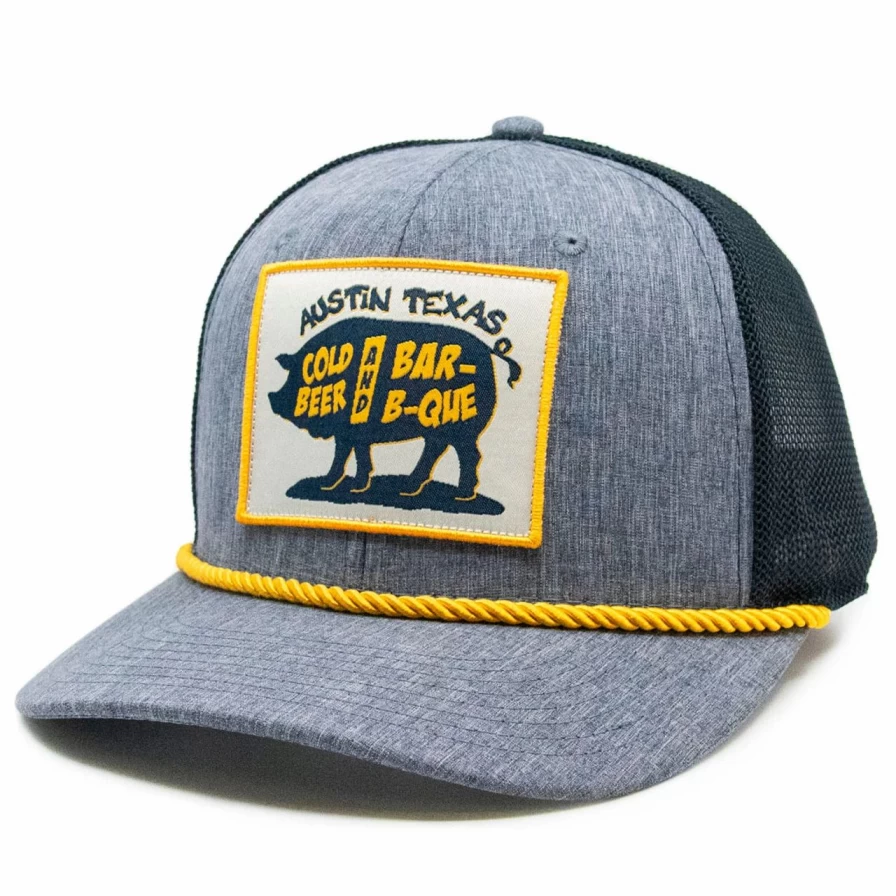 "Navy & Gold Trucker Hat for Cold Beer and BBQ Lovers"