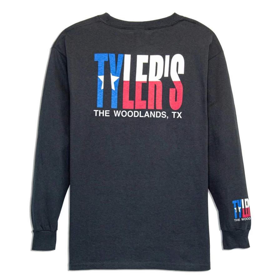 "Kids' Black & Texas Flag Long Sleeve T-Shirt - The Woodlands Graphic Tee"