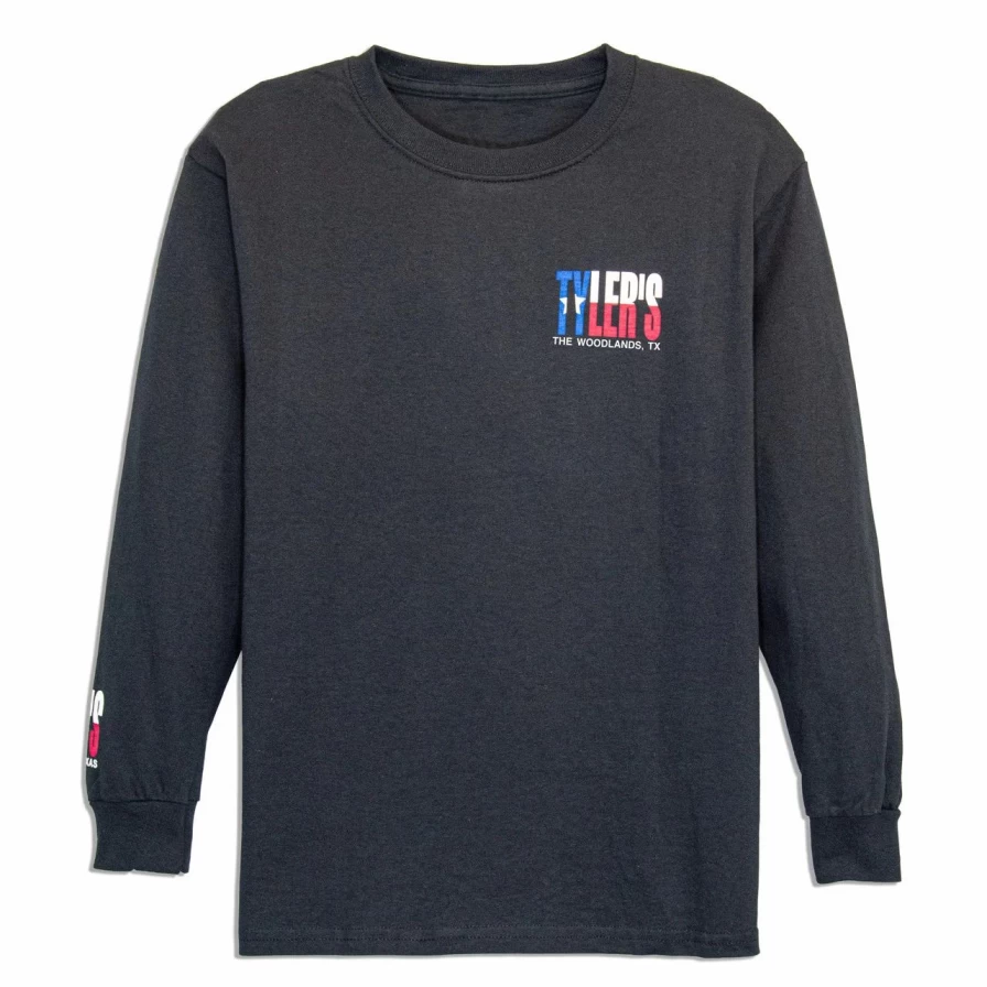 "Kids' Black & Texas Flag Long Sleeve T-Shirt - The Woodlands Graphic Tee"