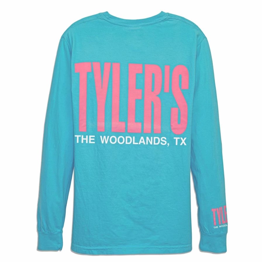 "Men's Long Sleeve Comfort Color T-Shirt in Lagoon Blue and Baby Pink - The Woodlands Collection"