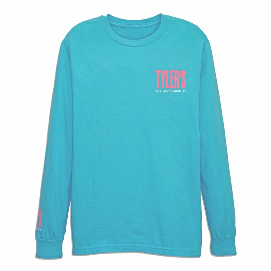 "Men's Long Sleeve Comfort Color T-Shirt in Lagoon Blue and Baby Pink - The Woodlands Collection"