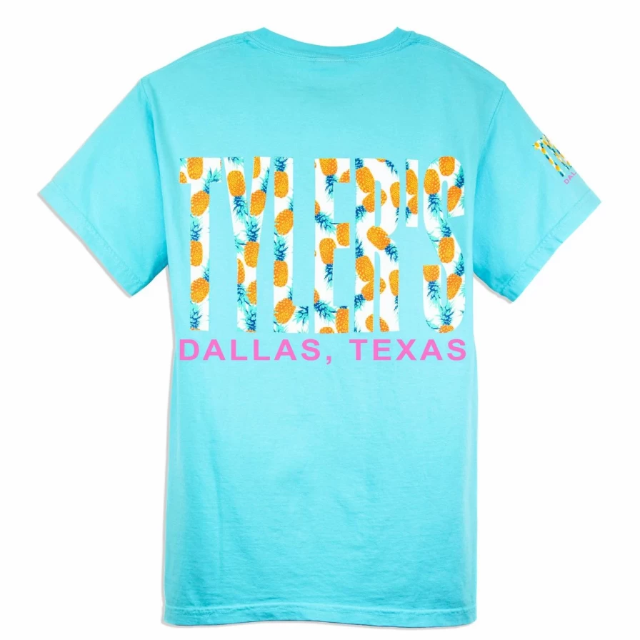 Tyler's Comfort Color Pocket Tee in Lagoon with Pineapples Print - Dallas Collection