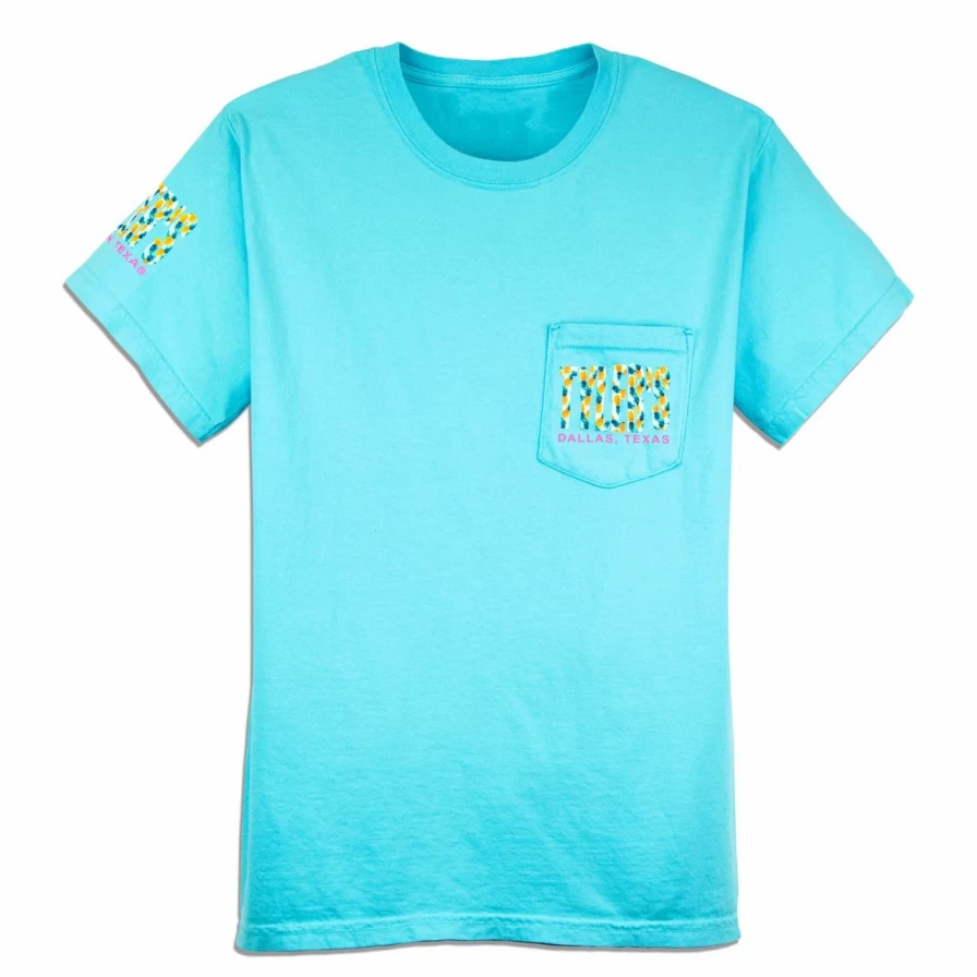 Tyler's Comfort Color Pocket Tee in Lagoon with Pineapples Print - Dallas Collection