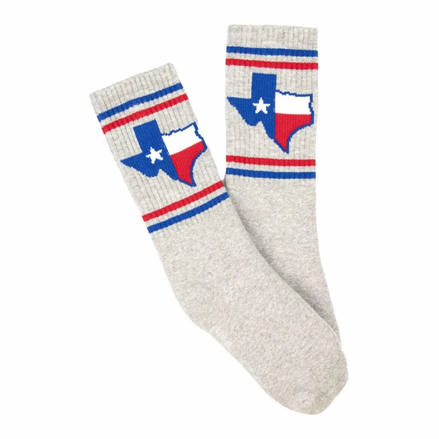 "Tyler's Grey Texas Flag Crew Socks - Shape of TX State Design"
