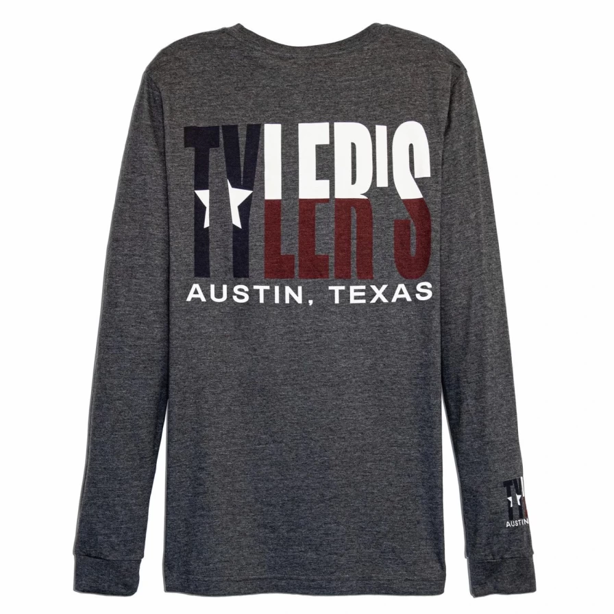 "Tyler's Texas Flag Long Sleeve Track Tee - Dark Grey Austin Graphic Shirt"