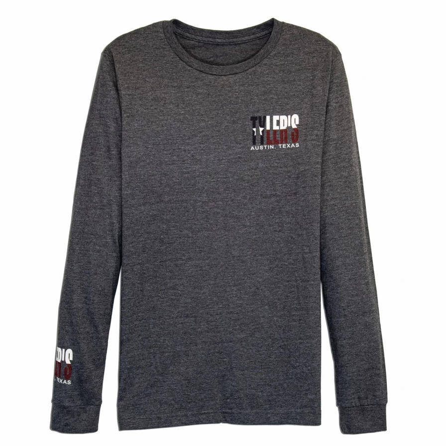 "Tyler's Texas Flag Long Sleeve Track Tee - Dark Grey Austin Graphic Shirt"