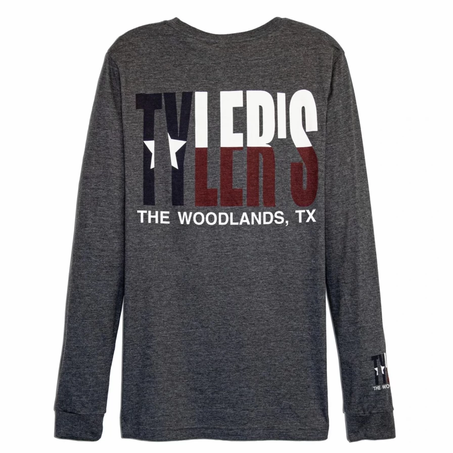 "Tyler's Texas Flag Long Sleeve Crewneck Tee - Dark Grey Heather Track Shirt - The Woodlands Style"