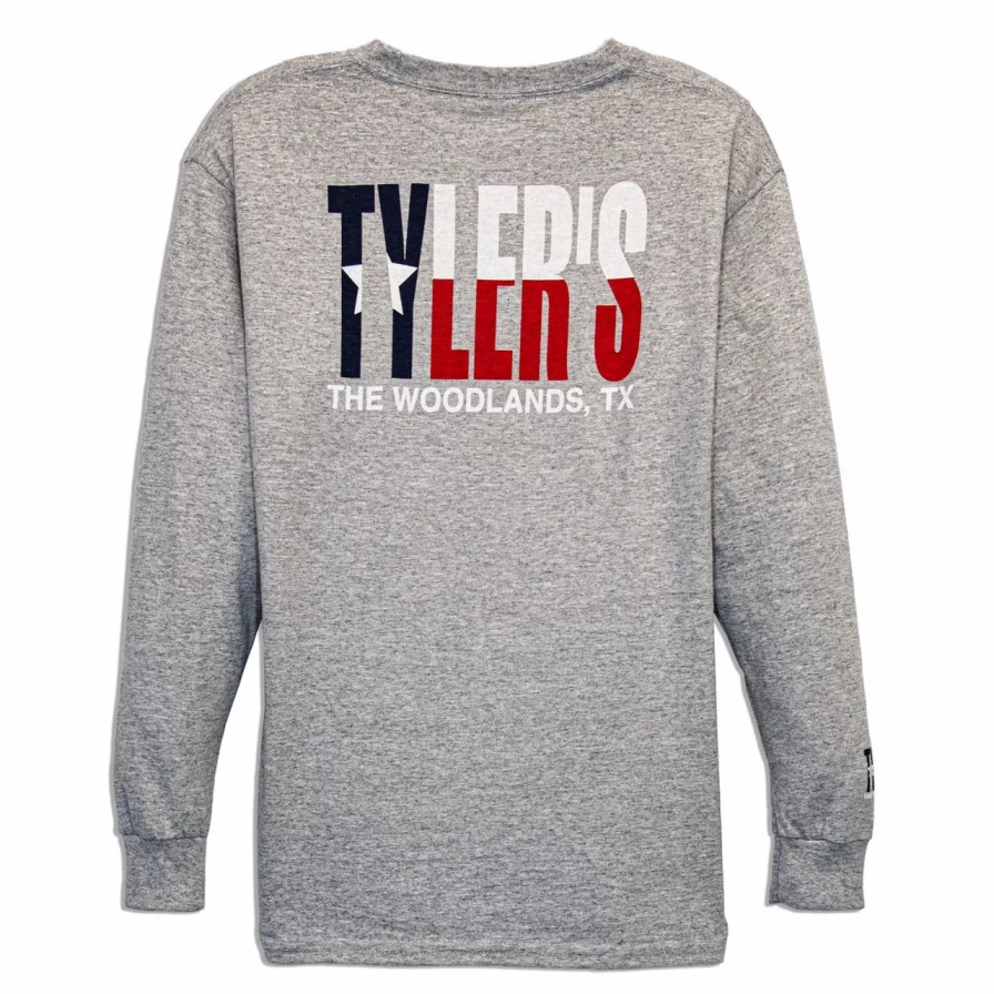 "Kids' Grey Texas Flag Long Sleeve T-Shirt - The Woodlands Graphic Tee"