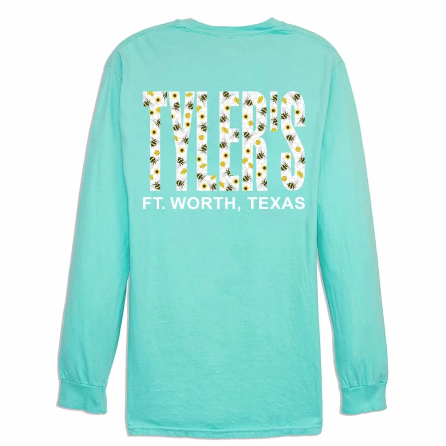 Tyler's Comfort Color Long Sleeve Tee in Mint with Bee Design - Ft. Worth Collection